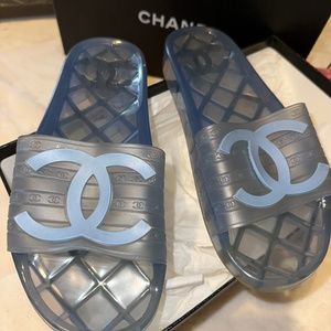 Blue Chanel jelly slides